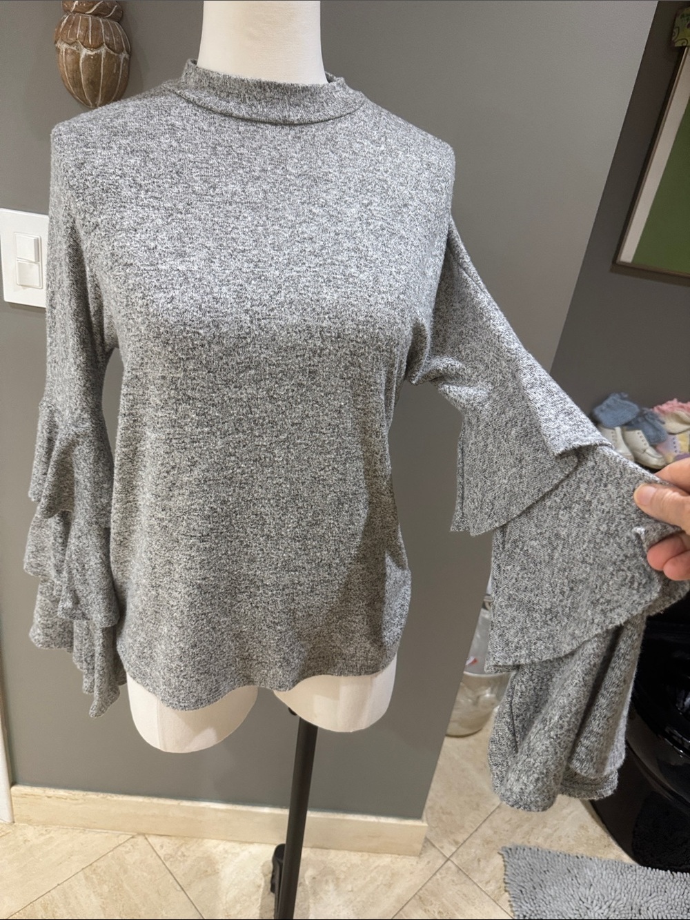 Aqua Gray Ruffle-Sleeve Mock Neck Sweater